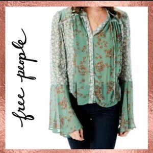 Free People green floral boho top. Bell sleeves size S